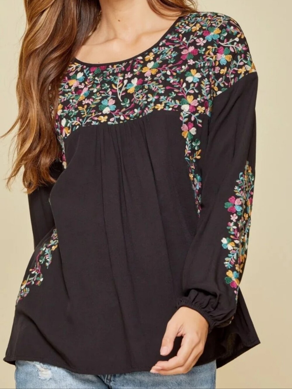 Savanna Jane Black Colorful Floral Embroidered Long-Sleeve Tunic Sz Large